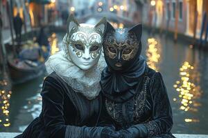 Two women in elegant cat-themed masks sit by a canal, embodying the enchanting spirit of a masquerade. photo