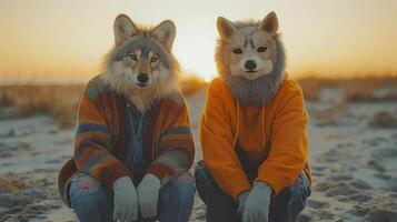 Two individuals wearing wolf masks sit together on a beach at sunset, creating a whimsical and surreal atmosphere. photo