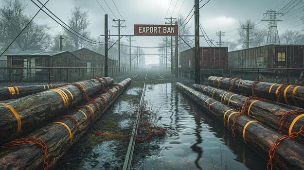 A misty scene of abandoned railway tracks with logs chained and a sign warning of an export ban, creating a somber and eerie atmosphere. photo