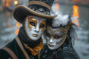 Two elegantly masked figures in Venetian costumes posing by a shimmering canal. photo