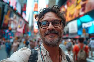 Smiling middle-aged man with glasses takes a selfie in a bustling Times Square filled with colorful advertisements. photo