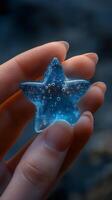 A hand gently holds a shimmering blue star-shaped object, sparkling with bubbles against a dark background. photo
