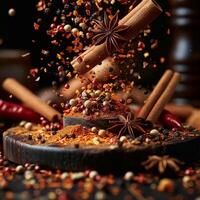 An artistic display of spices and herbs, with vibrant colors and textures, creating a dynamic culinary atmosphere. photo