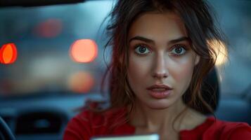 Young woman with striking blue eyes, looking intently at her phone while sitting in a car, conveying a mix of curiosity and concern. photo