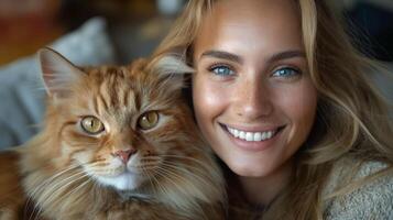 Smiling woman with long hair and freckled skin cuddles with a fluffy orange cat, capturing a moment of joy and companionship. photo