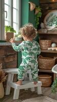 A young child with curly hair, wearing dinosaur-patterned pajamas, gazes out the window in a cozy, plant-filled room. photo