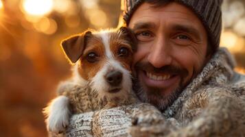 Smiling man with a beard in a cozy sweater, holding a small dog, both enjoying a warm sunset glow. photo