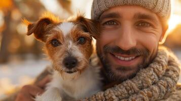 A smiling man with a light complexion and a cozy sweater, holding a small dog in the golden glow of sunset. photo