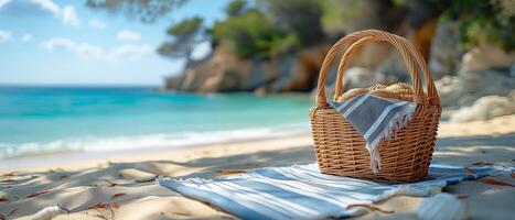 A woven picnic basket with a blanket on a sunlit beach, surrounded by palm trees and clear blue waters. photo