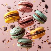 Colorful array of macarons in various flavors, floating against a soft pastel background, perfect for dessert lovers. photo
