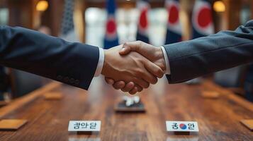 Two male professionals shaking hands in a formal setting, symbolizing agreement and collaboration. photo