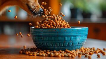 A close-up of a dog's muzzle as it joyfully digs into a bowl of dog food, with kibble scattered around. photo