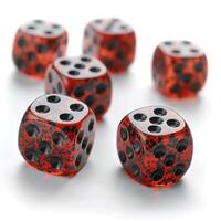A vibrant display of six red and black speckled dice, showcasing their unique design and intricate detailing. photo