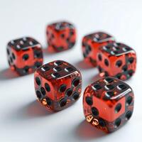 Close-up of six vibrant red dice with black dots, showcasing a playful atmosphere and chance. photo