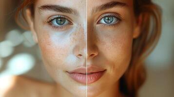 Close-up of a young woman with freckles and blue eyes, showcasing natural beauty in soft, warm light. photo