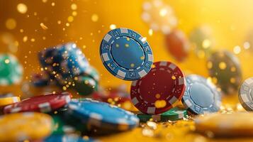Colorful poker chips cascading against a shimmering golden background, creating an enticing atmosphere of gambling excitement. photo