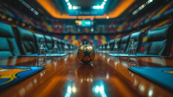 A golden soccer ball sits at the center of a boardroom, surrounded by elegantly arranged chairs in vibrant colors. photo
