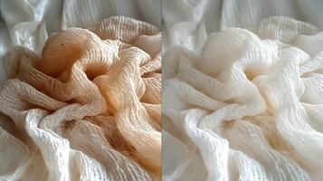 Delicate folds of sheer fabric in warm beige and soft white hues create a serene, elegant atmosphere. photo