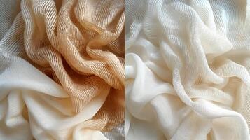Two elegant fabric textures showcasing soft beige and cream tones in gentle ripples. photo