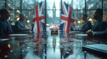 A business meeting with male professionals in suits, framed by British flags and a rainy window, creating a somber and serious mood. photo