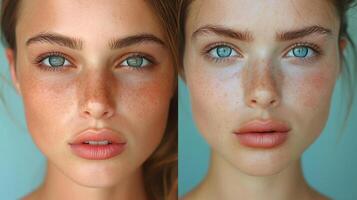 Two close-up portraits of a young Caucasian woman with striking blue eyes and natural freckles, showcasing her fresh and radiant skin. photo