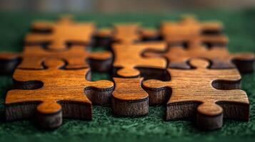 Close-up of intricately designed wooden puzzle pieces on a textured background. photo