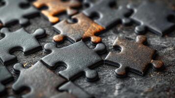 Close-up of interlocking metal puzzle pieces, showcasing intricate textures and a worn finish, symbolizing complexity and challenge. photo