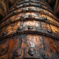 Close-up of a weathered wooden barrel showcasing intricate metal bands and aged textures. photo