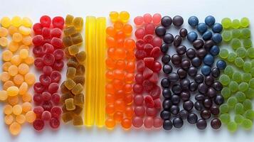 A vibrant array of colorful gummy candies neatly arranged in rainbow order, showcasing fruity flavors and playful shapes. photo