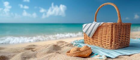 A woven picnic basket rests on a sandy beach, evoking a serene and relaxing seaside atmosphere. photo