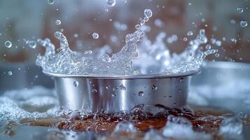 A close-up of a metal bowl splashing water, capturing the dynamic motion and vibrant droplets. photo