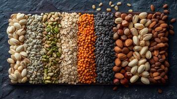 A vibrant array of assorted nuts, seeds, and grains arranged artfully on a wooden board, showcasing a rich palette of textures. photo