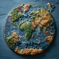 A vibrant, colorful globe puzzle representing Earth, showcasing various continents and oceans with a missing piece. photo