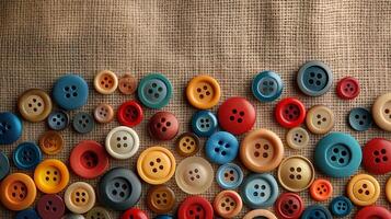 A vibrant collection of colorful buttons displayed on a textured fabric background. photo