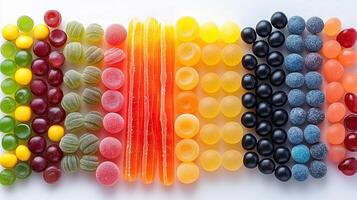 A colorful assortment of gummy candies arranged in vibrant rows, showcasing various shapes and flavors. photo