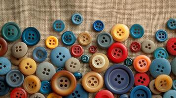 A vibrant assortment of colorful buttons scattered on a textured fabric surface. photo