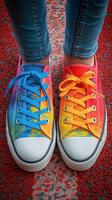 A vibrant pair of colorful sneakers on a playful red textured surface, showcasing creativity and fun. photo