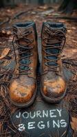 Worn hiking boots with mud and leaves symbolizing the start of an adventurous journey. photo