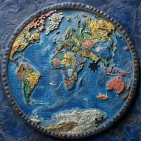 An intricately designed world map puzzle with vibrant colors and one missing piece, inviting curiosity and exploration. photo