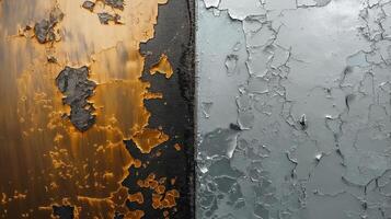 A close-up of two contrasting metal surfaces, one with chipped orange paint and the other with peeling gray paint. photo