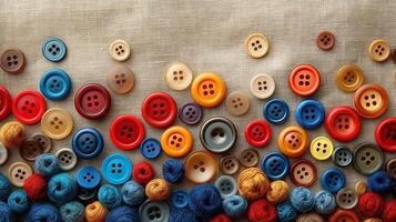 A vibrant collection of colorful buttons and wool yarn on a textured fabric background. photo