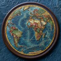 A vibrant circular jigsaw puzzle depicting a world map with detailed continents and oceans. photo