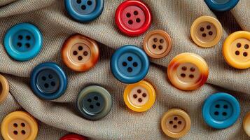 A colorful assortment of buttons in various sizes scattered on a textured fabric. photo