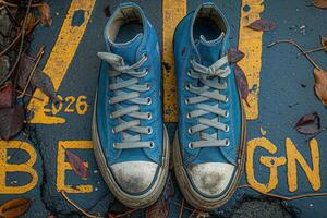 A pair of worn blue sneakers resting on a painted street surface, showcasing their rugged charm and urban style. photo