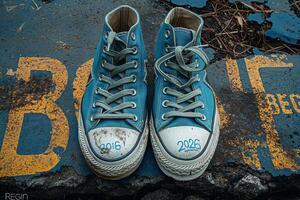 A pair of worn blue sneakers with 2016 and 2026 markings, resting on a weathered surface with vibrant yellow text. photo