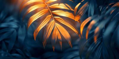 Close-up of lush tropical leaves illuminated by warm golden light, creating a striking contrast in a tranquil setting. photo