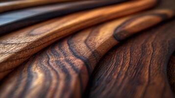 Beautifully crafted wooden utensils showcasing rich textures and warm tones in a close-up view. photo