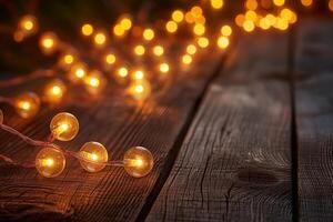 Warm glowing fairy lights on rustic wooden background, creating a cozy and inviting atmosphere. photo
