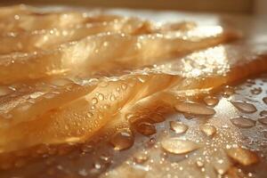 Close-up of shimmering water droplets on soft, translucent fabric, capturing the interplay of light and texture. photo