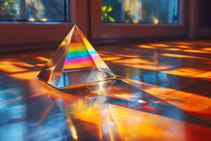 A clear glass pyramid prism casting colorful light reflections on a wooden floor, creating a vibrant atmosphere. photo